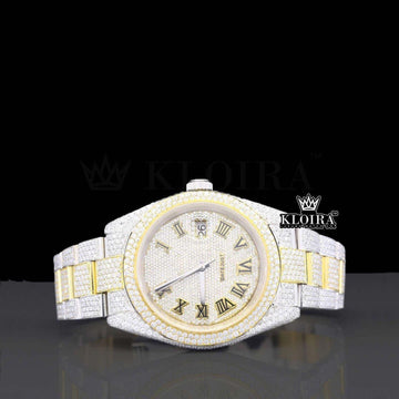 Yellow Roman Dial Two Tone Classic Link Strap Moissanite Watch Front View