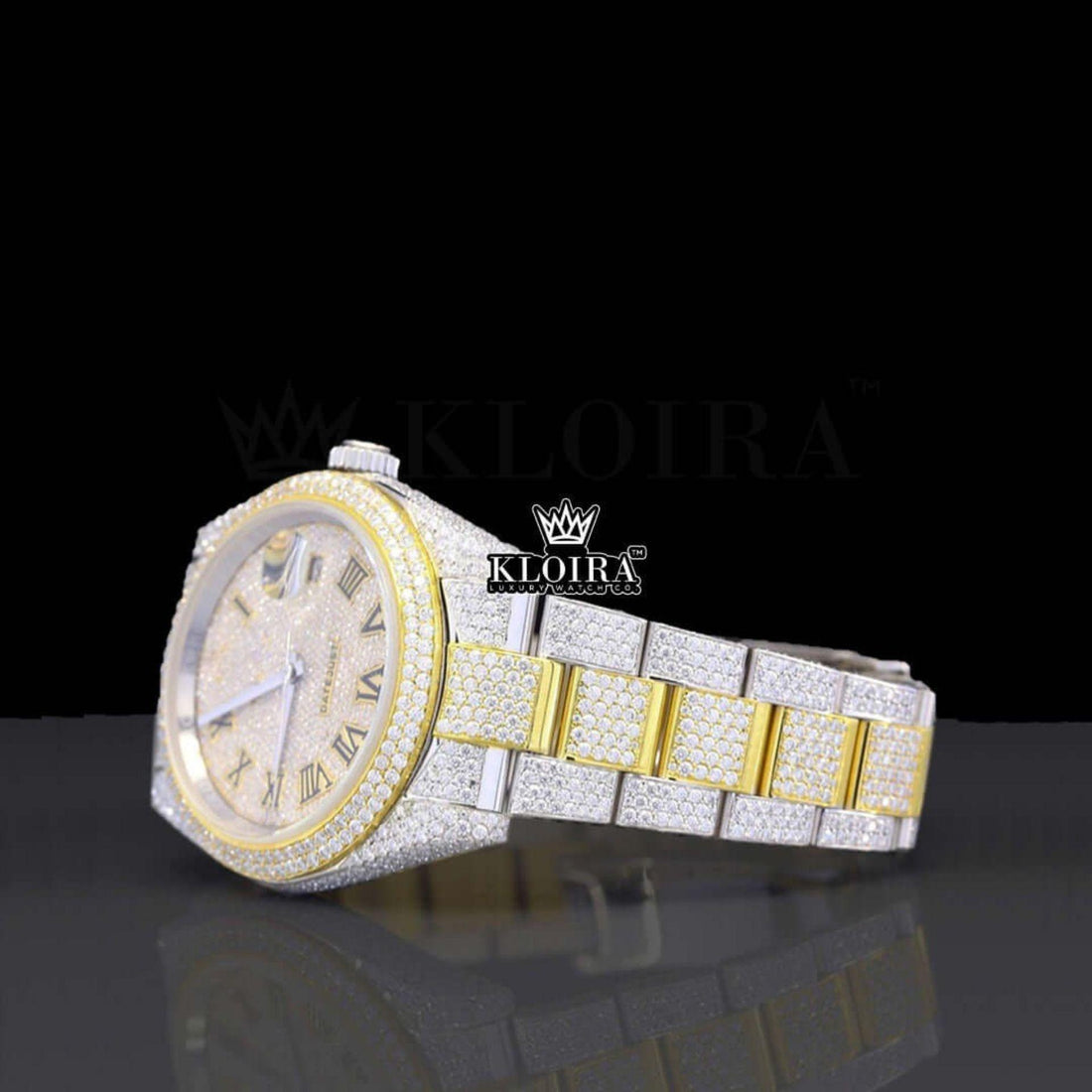 Yellow Roman Dial Two Tone Classic Link Strap Moissanite Watch Front View