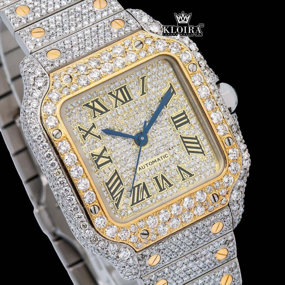 Yellow Roman Dial Two Tone Iced Out Moissanite Diamond Watch Front View