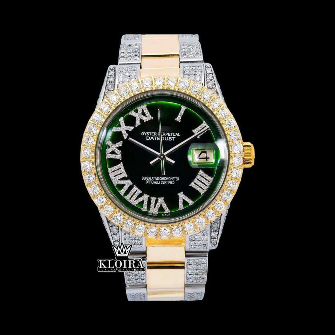Yellow Roman Numerals Green Dial Two Tone Moissanite Diamond Watch Front View