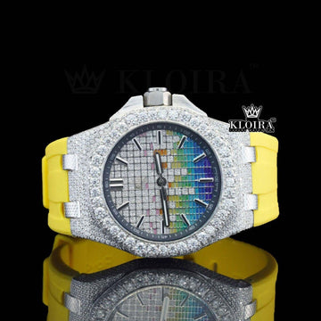 Yellow Rubber Strap Multicolor Dial Iced Out Moissanite Diamond Watch Front View