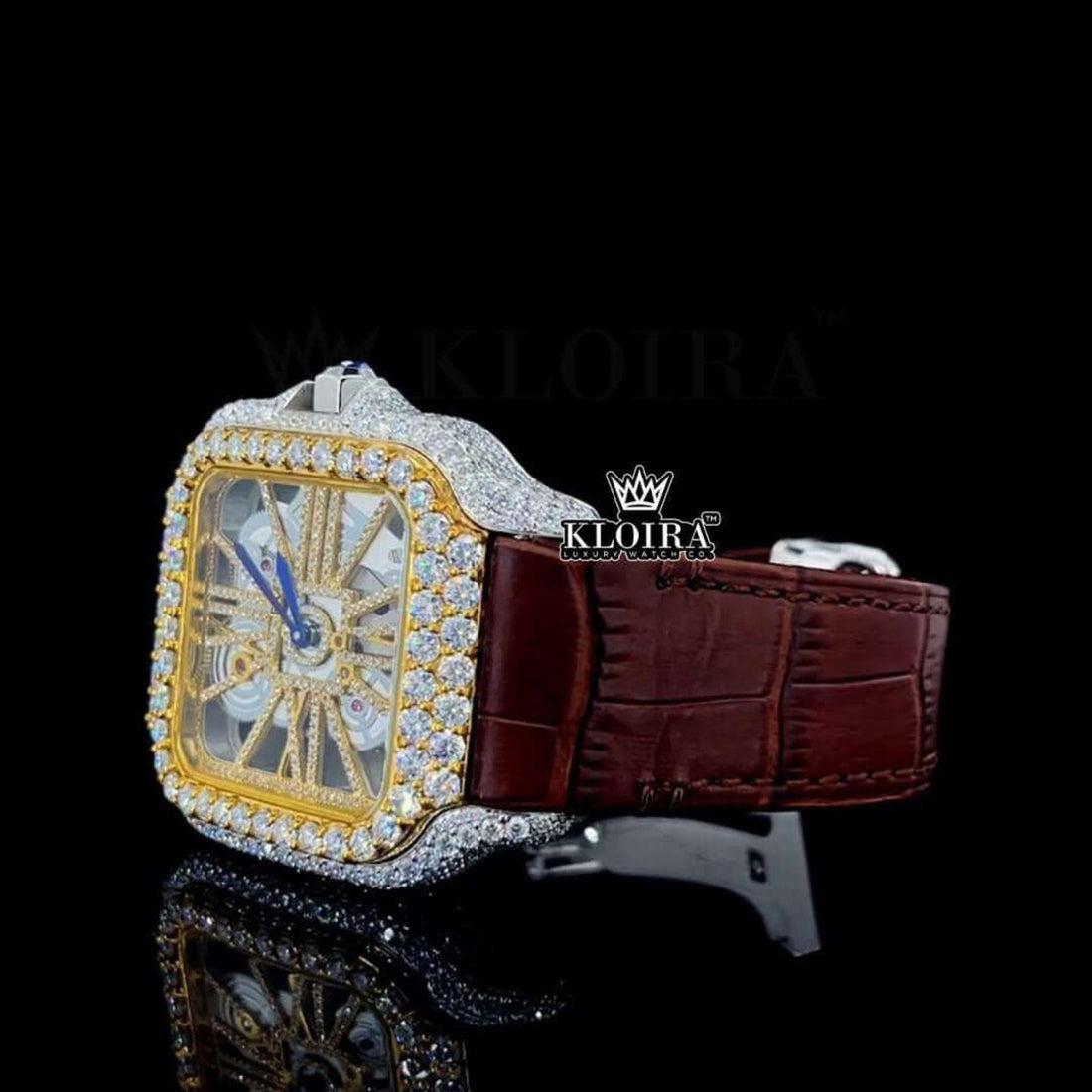 Yellow Skeleton Dial Brown Leather Strap Moissanite Diamond Watch Front View