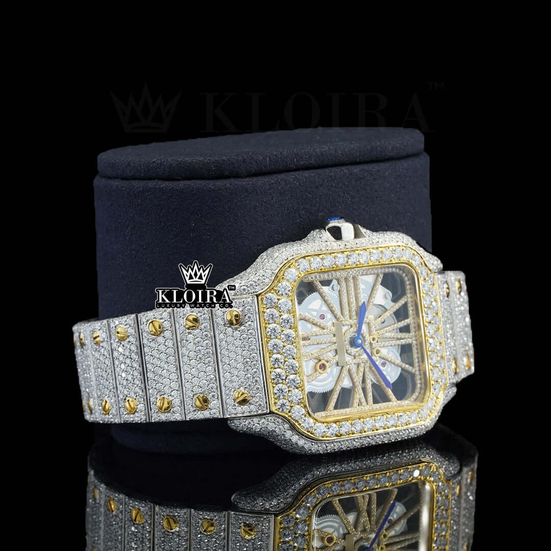 Yellow Skeleton Dial Fully Iced Out Two Tone Moissanite Diamond Watch Front View