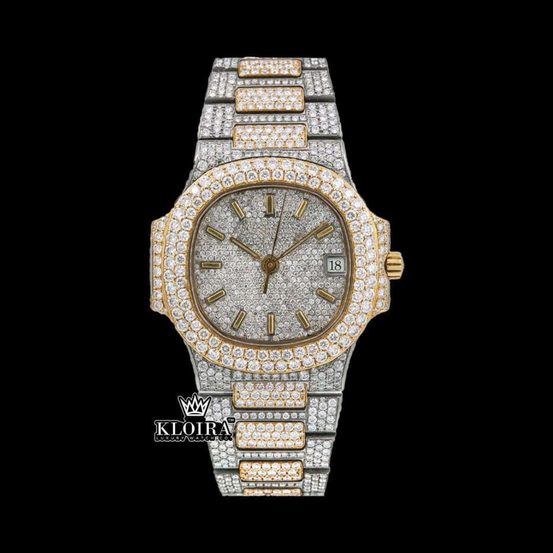 Yellow Stick Markers White Dial Two Tone Iced Out Moissanite Watch Front View