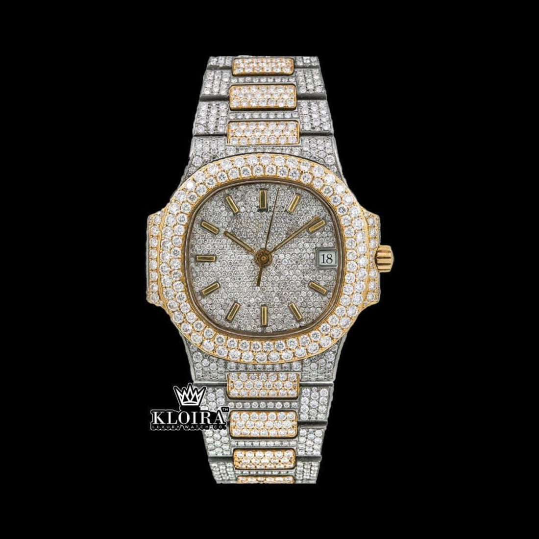 Yellow Stick Markers White Dial Two Tone Iced Out Moissanite Watch Front View