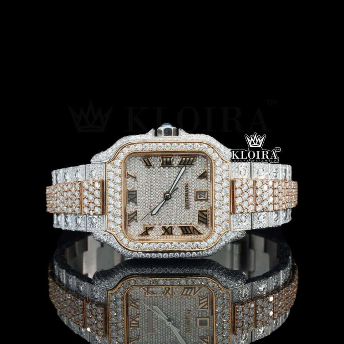 Two Tone Rose Gold Roman Numerals Dial Moissanite Diamond Watch Front View