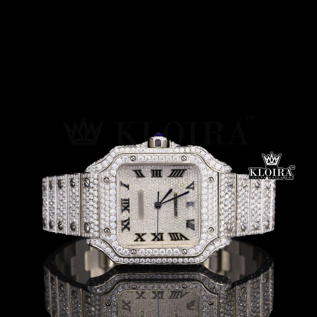 Front view of Cartier Moissanite Watch fully iced out