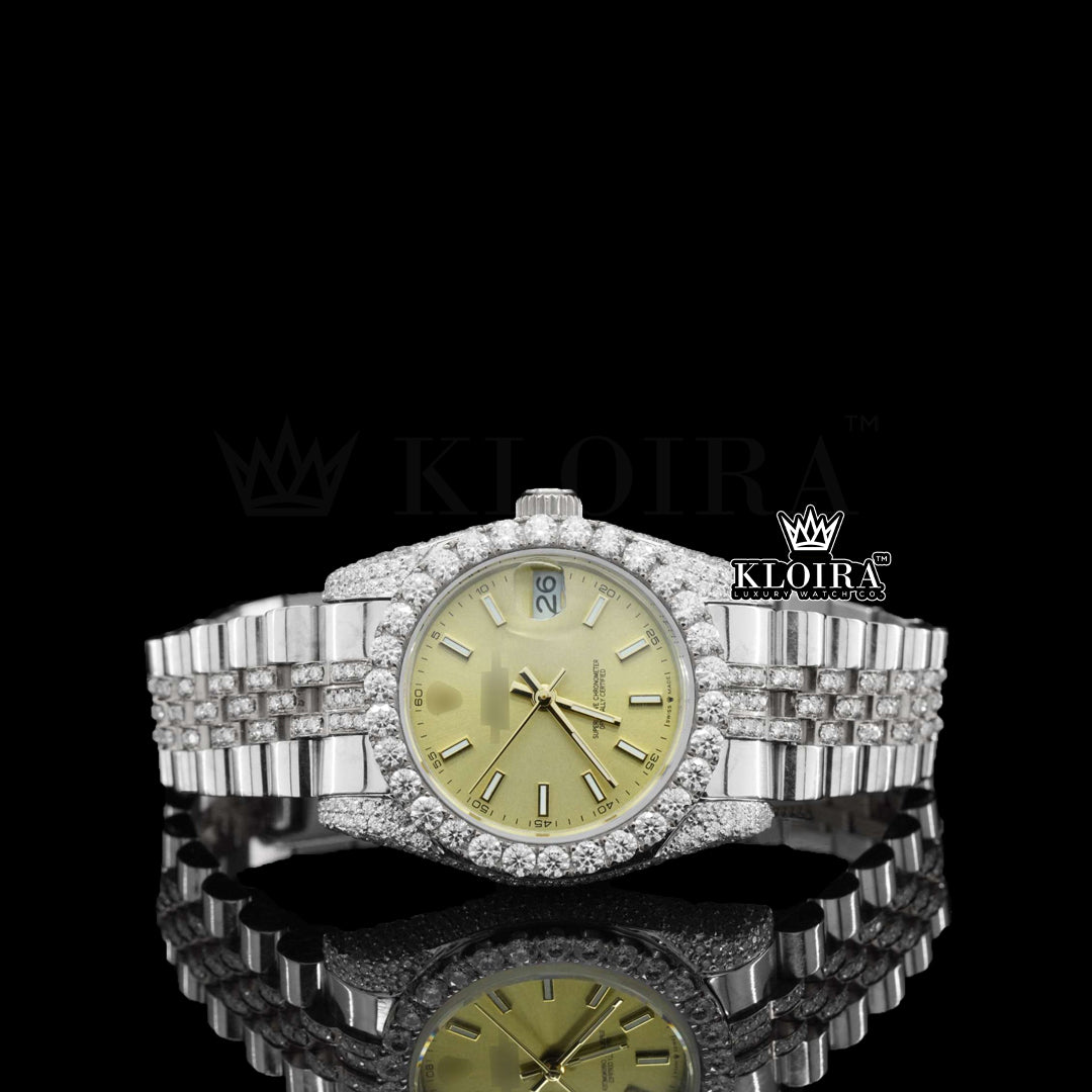 highlighting Moissanite Diamond Watch 14K Gold VVS 12 Carat 42mm Front