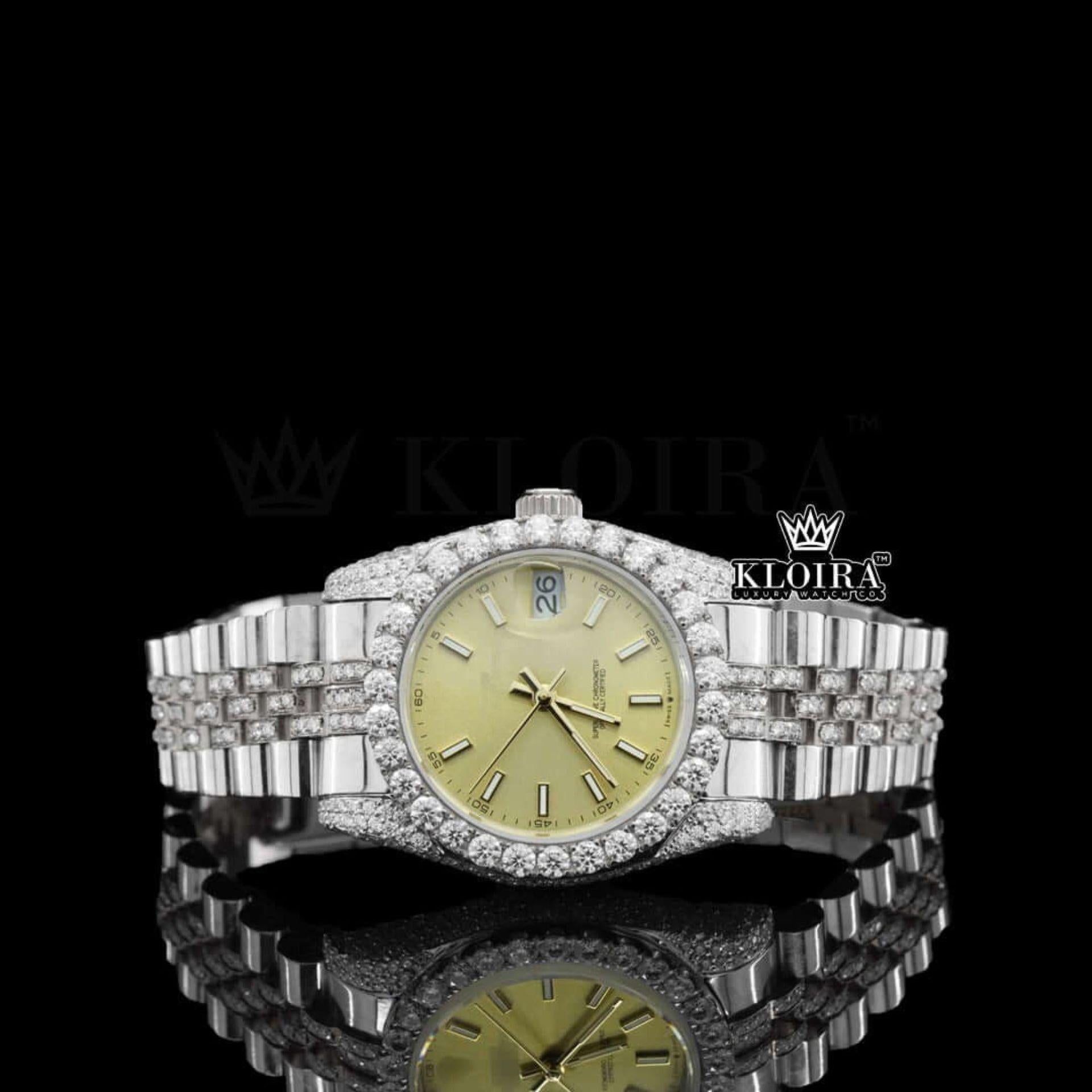 highlighting Moissanite Diamond Watch 14K Gold VVS 12 Carat 42mm Front View