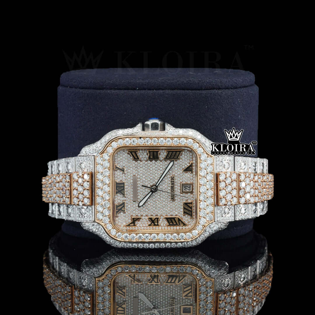 Front view of Men's Cartier Style Moissanite Watch fully iced out