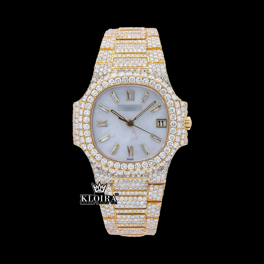 Front view of Patek Philippe Diamond Watch in yellow gold with mother-of-pearl dial