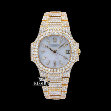 Front view of Patek Philippe Diamond Watch in yellow gold with mother-of-pearl dial