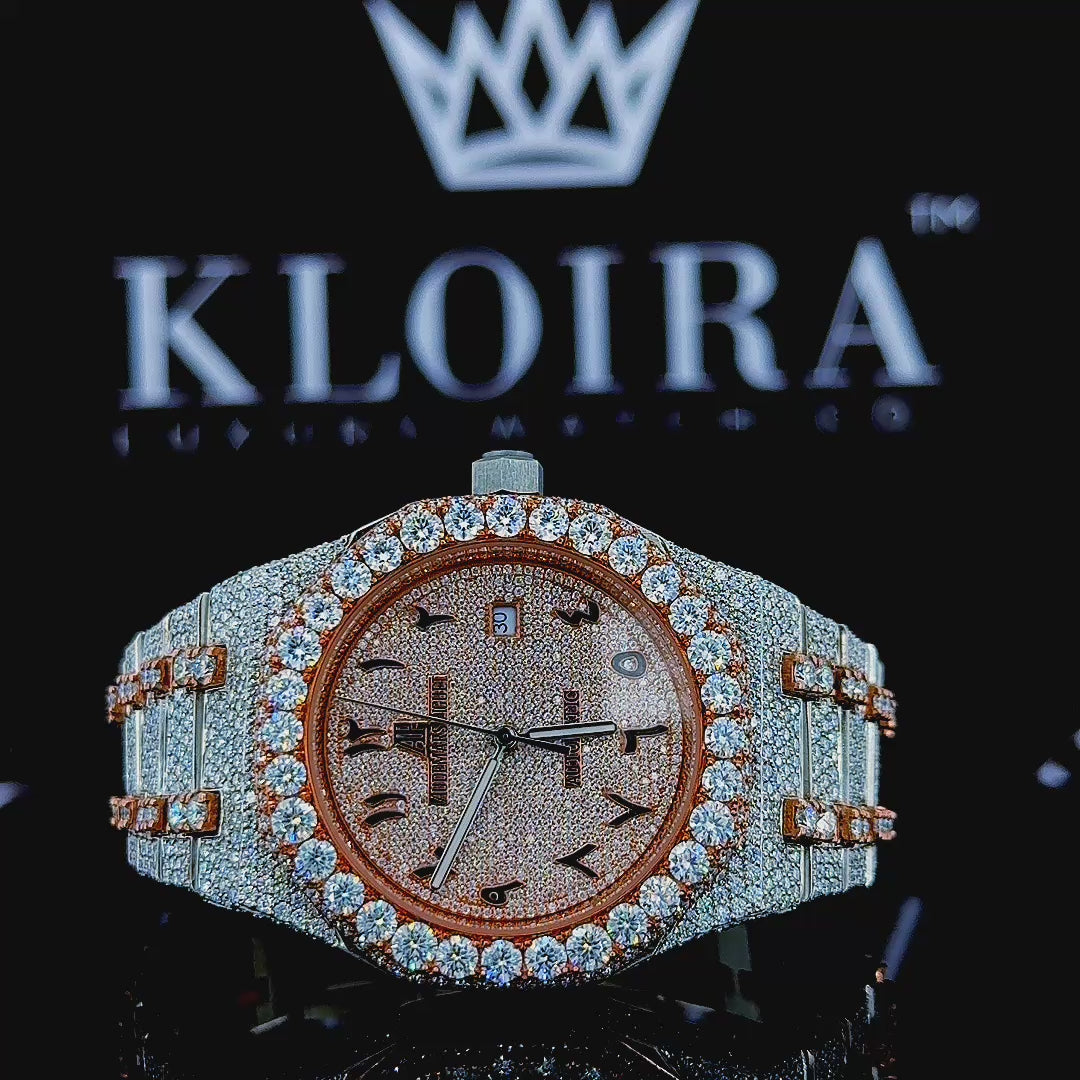 Two Tone Iced Out Rose Gold Dial Arabic Numerals AP Moissanite Watch 360 View Video