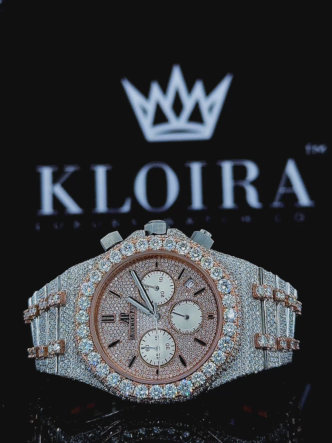 Iced Out Chronograph Dial Two Tone Bracelet Stick Markers Moissanite Watch 360 View