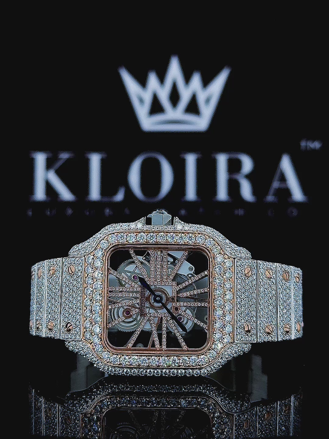 Two Tone Rose Gold Skeleton Dial Fully Iced Out Moissanite Watch 360 View