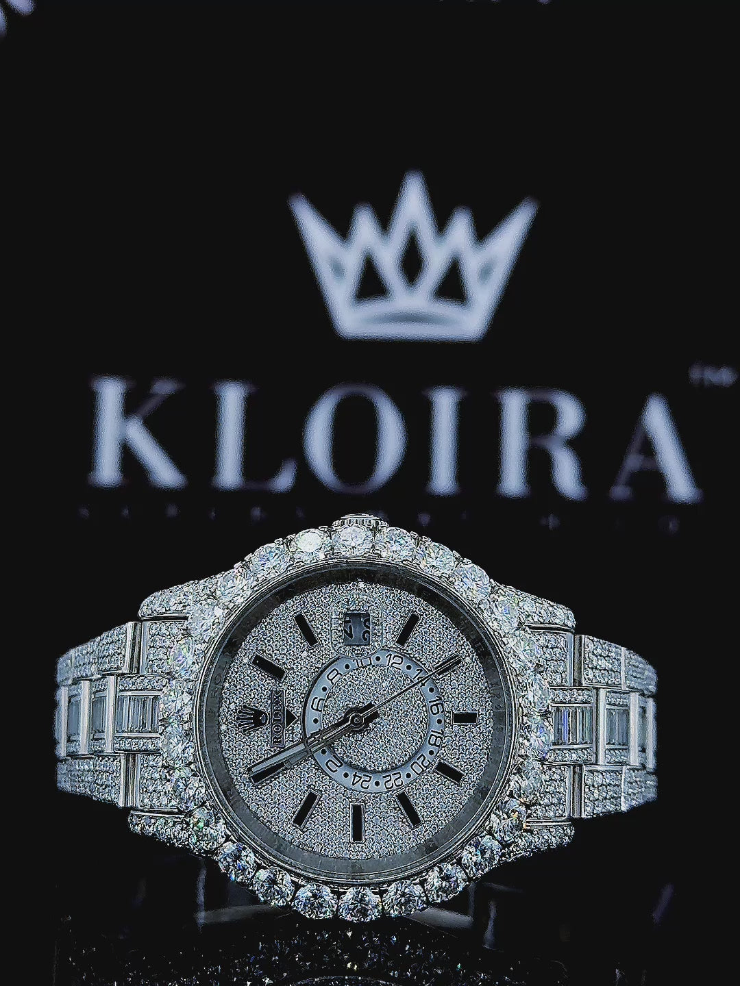 Fully Iced Out White Dial Black Stick Markers Baguette Moissanite Watch 360 View