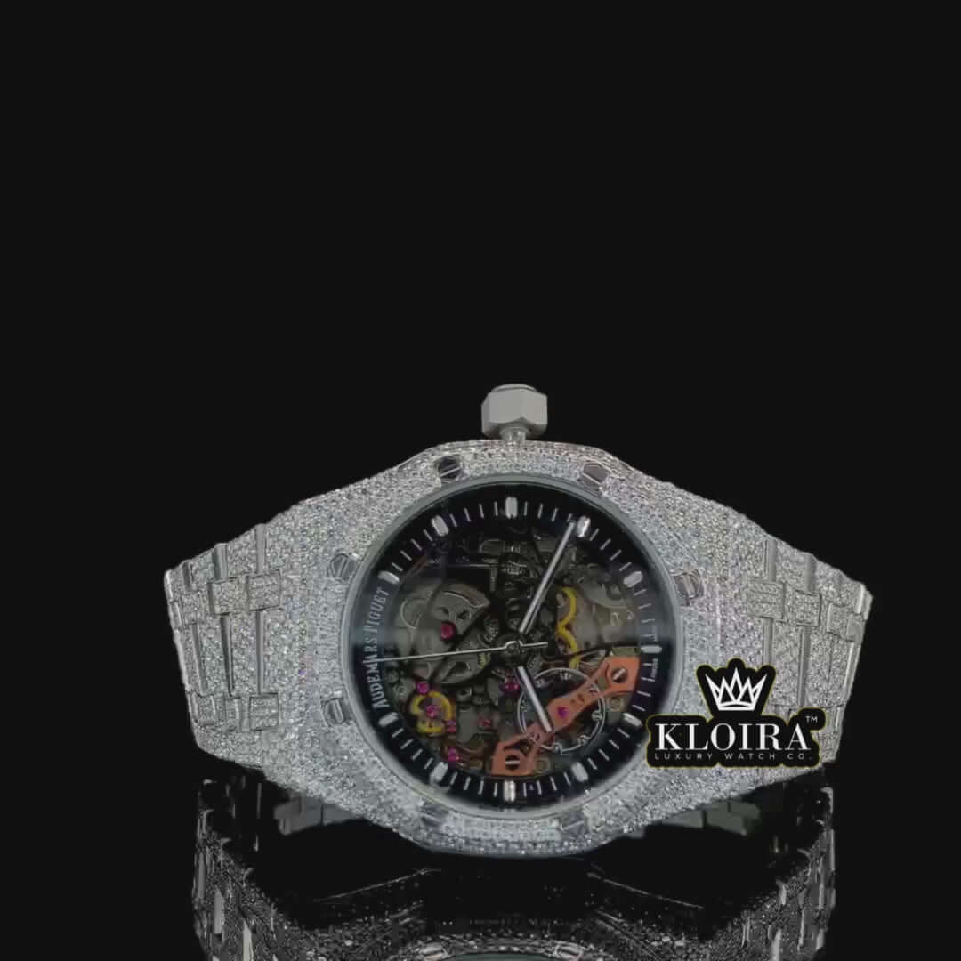 Video preview of fully iced moissanite AP skeleton watch with visible mechanical movement and shimmering strap