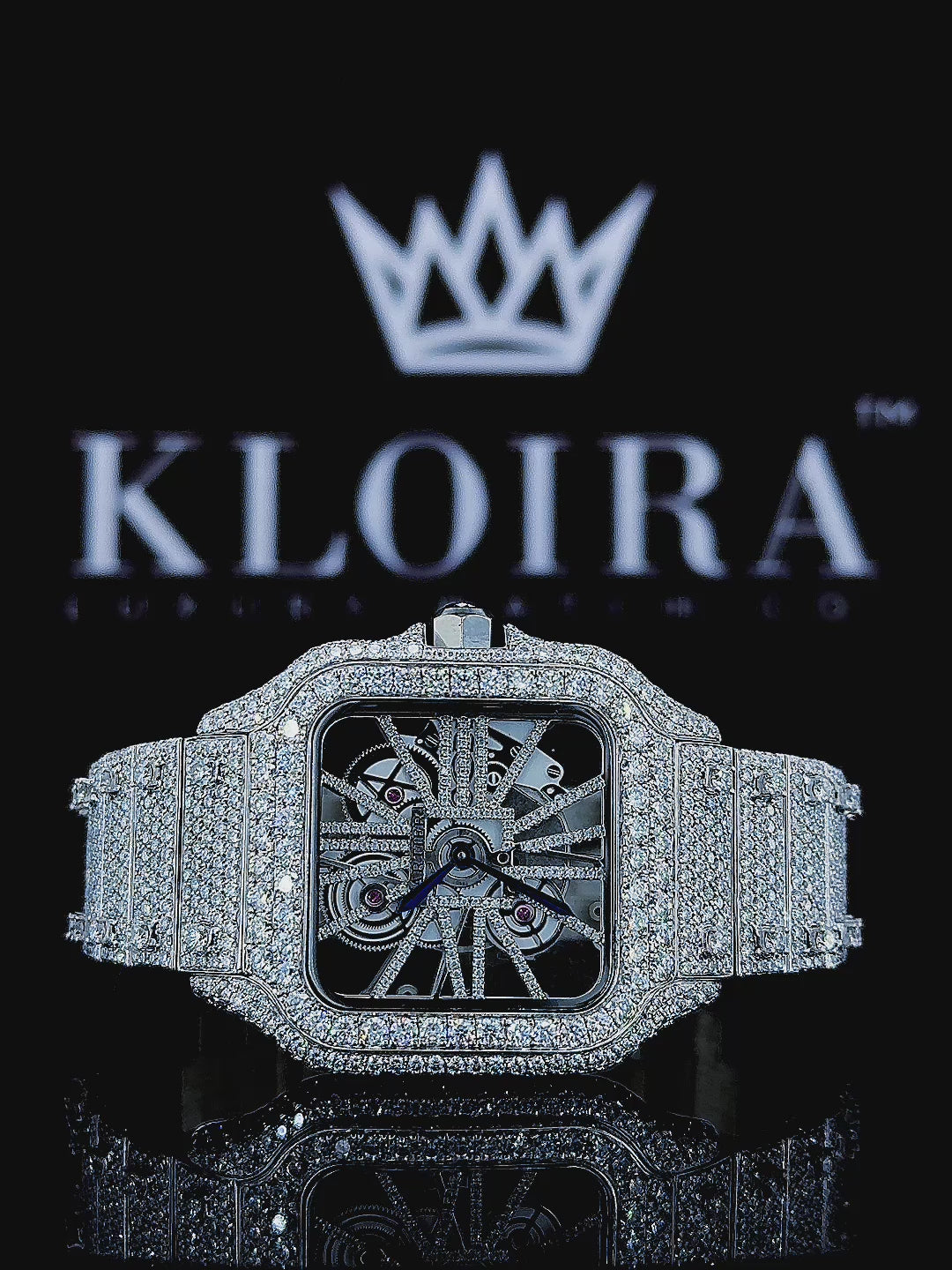 Fully Iced Out Skeleton Dial White Gold Moissanite Diamond Watch 360 View