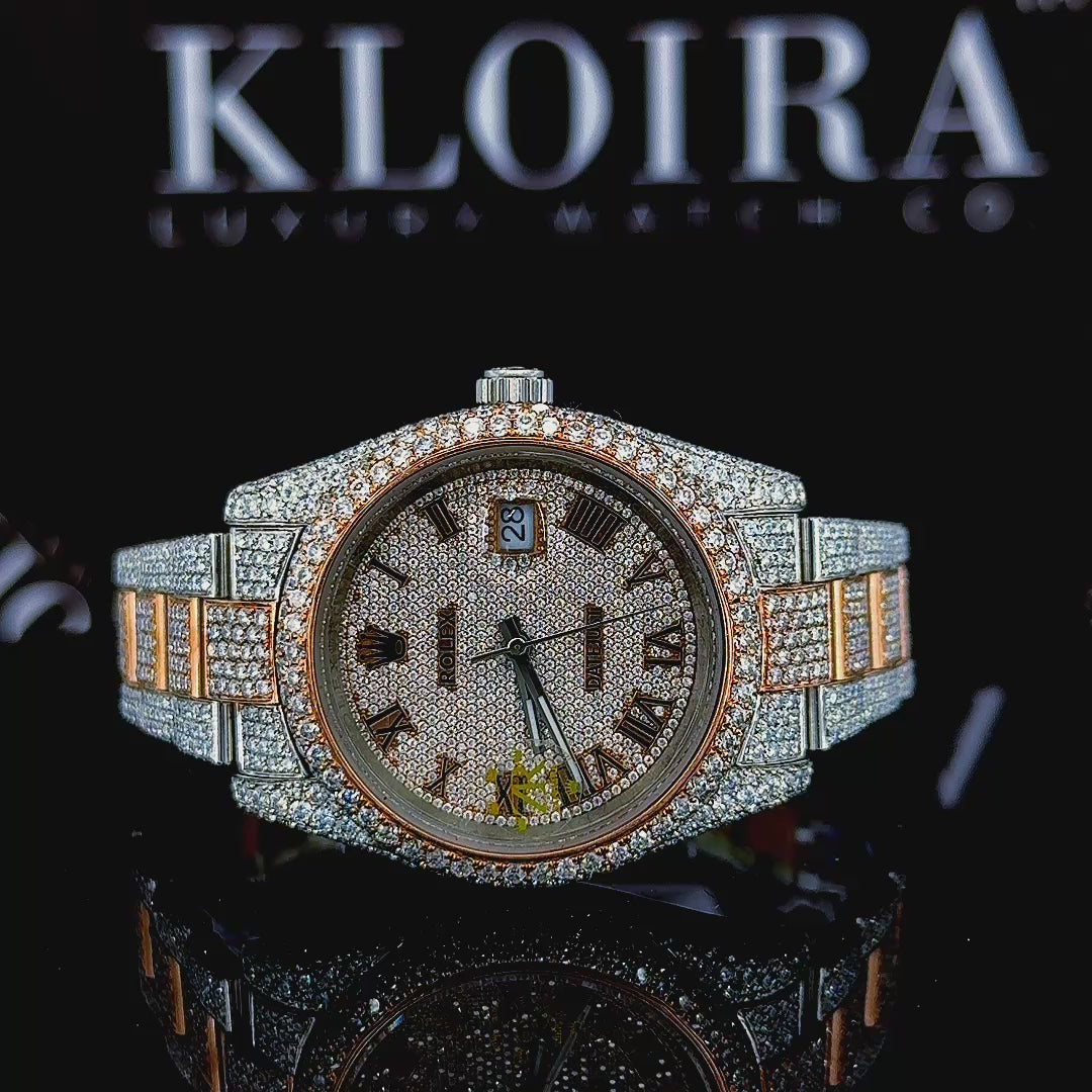 Roman Numerals Rose Gold Dial Two Tone Iced Out Moissanite Watch 360 View Video