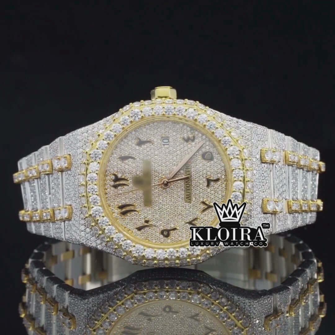 360° showcase of Yellow Dial AP diamond watch featuring VVS clarity moissanite stones, iced-out Arabic dial, and fully encrusted two-tone strap.