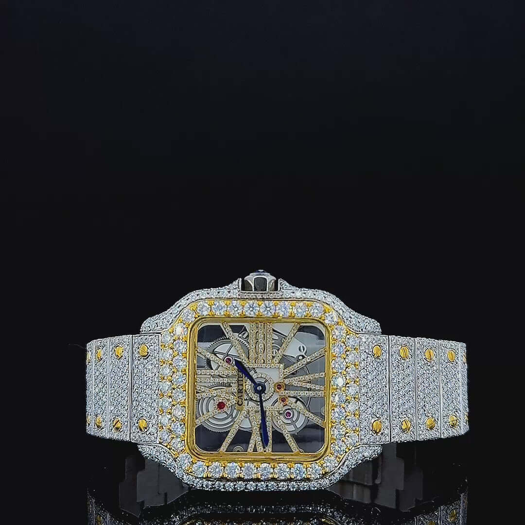 Cartier Santos Yellow Skeleton Moissanite Diamond Watch 14K Gold VVS 26 Carat 42mm
