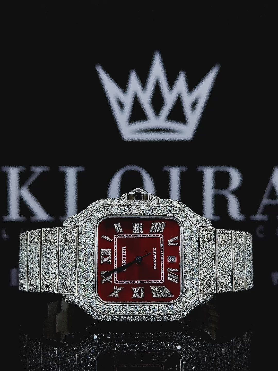 Fully Iced Out Red Dial Roman Numerals Moissanite Diamond Watch