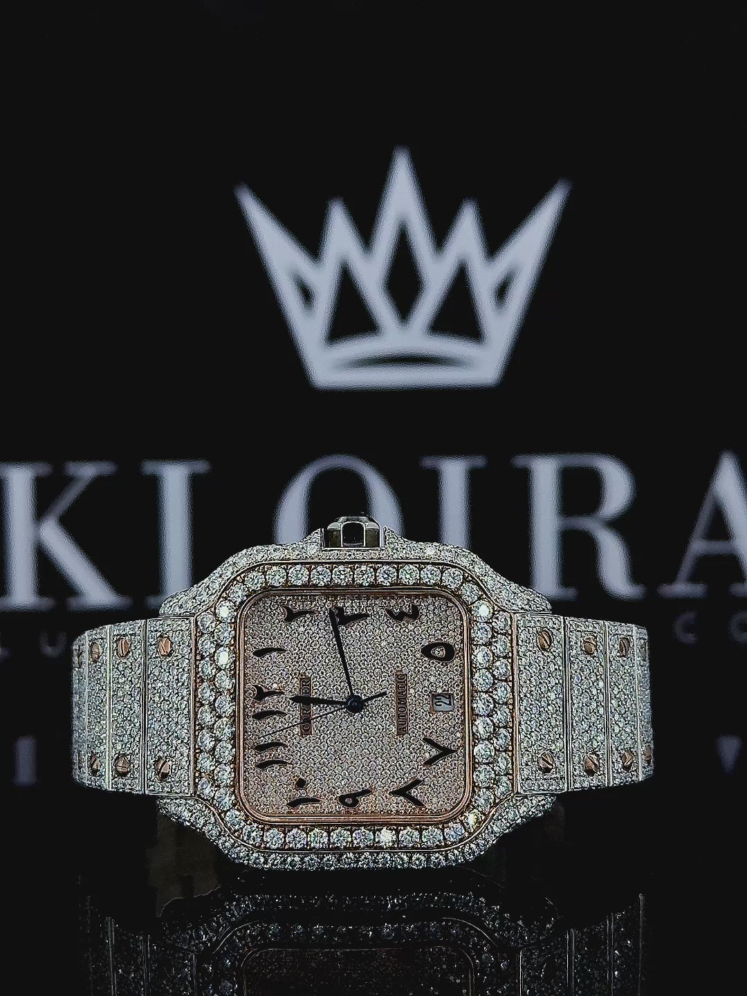 Cartier Santos Two Tone Arabic Dial Rose Gold Moissanite Diamond Watch
