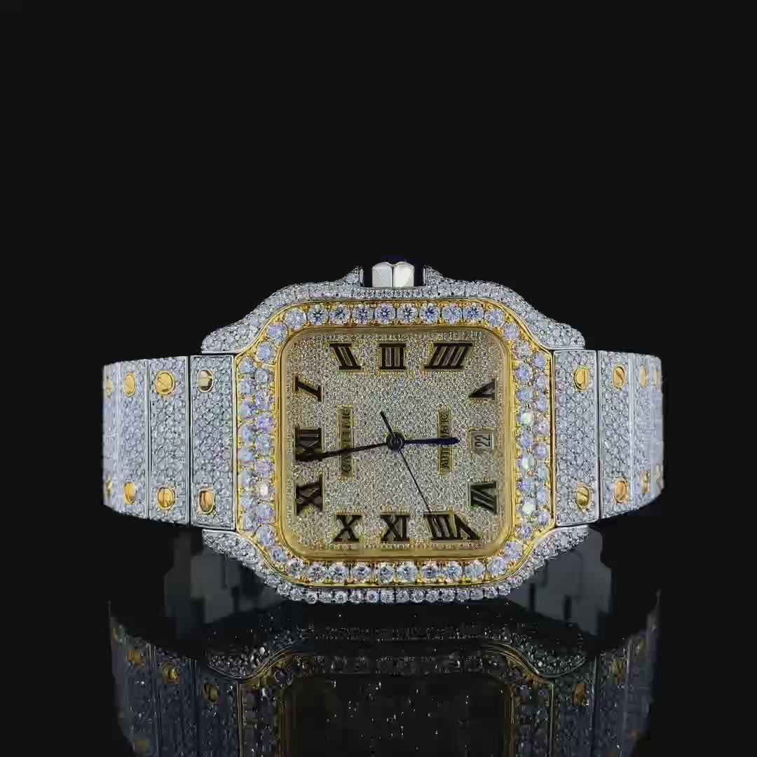 Cartier Santos Gold Dial Moissanite Diamond Watch 14K Gold VVS 22 Carat 42mm
