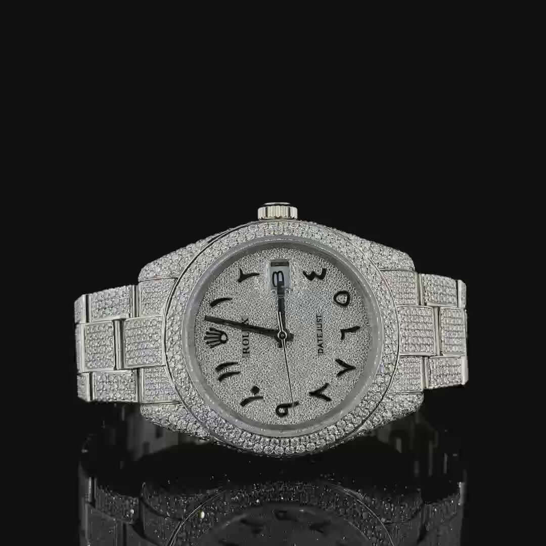 Crystal Script Moissanite Diamond Watch 14K Gold VVS 18 Carat 42mm