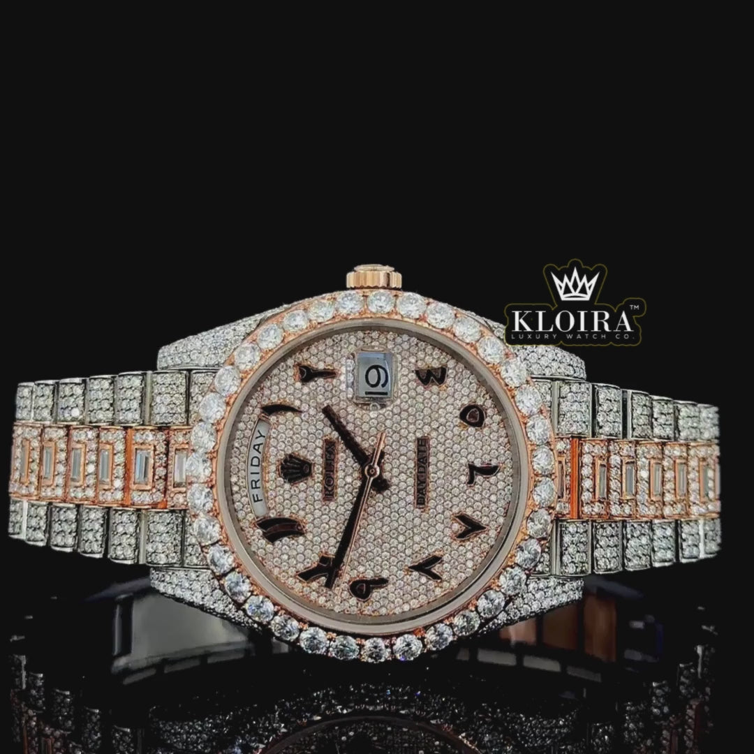 Custom Rolex Day Date Two Tone Arabic Moissanite Watch Video