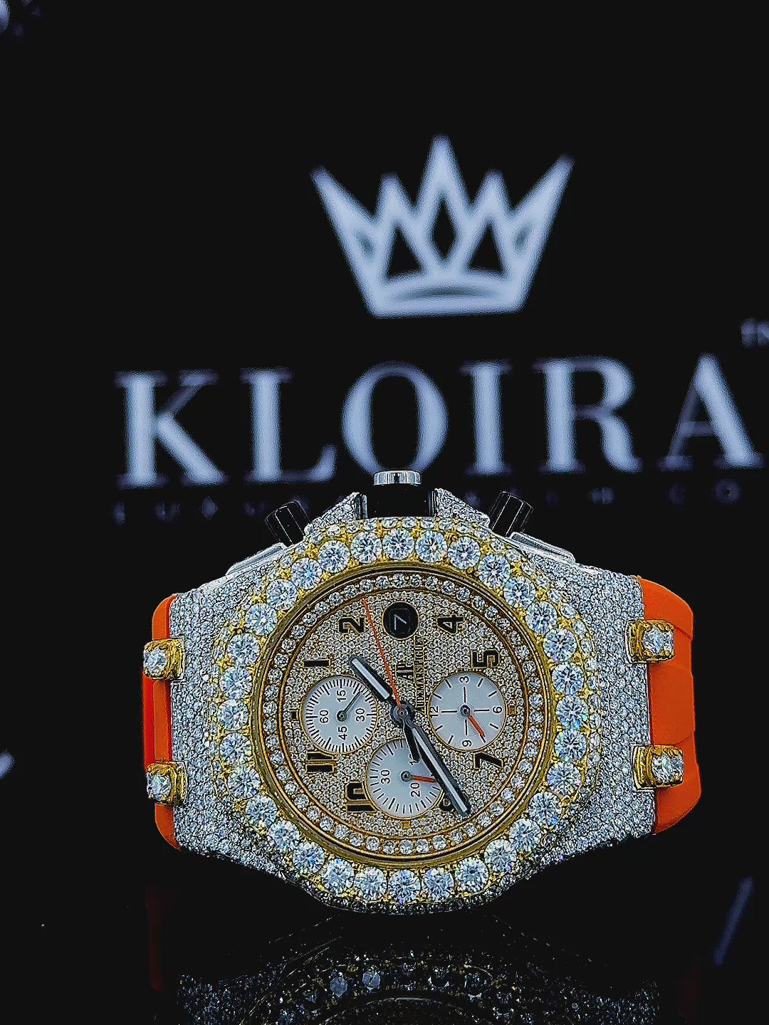 Yellow Gold Chronograph Dial Orange Rubber Strap Moissanite Watch