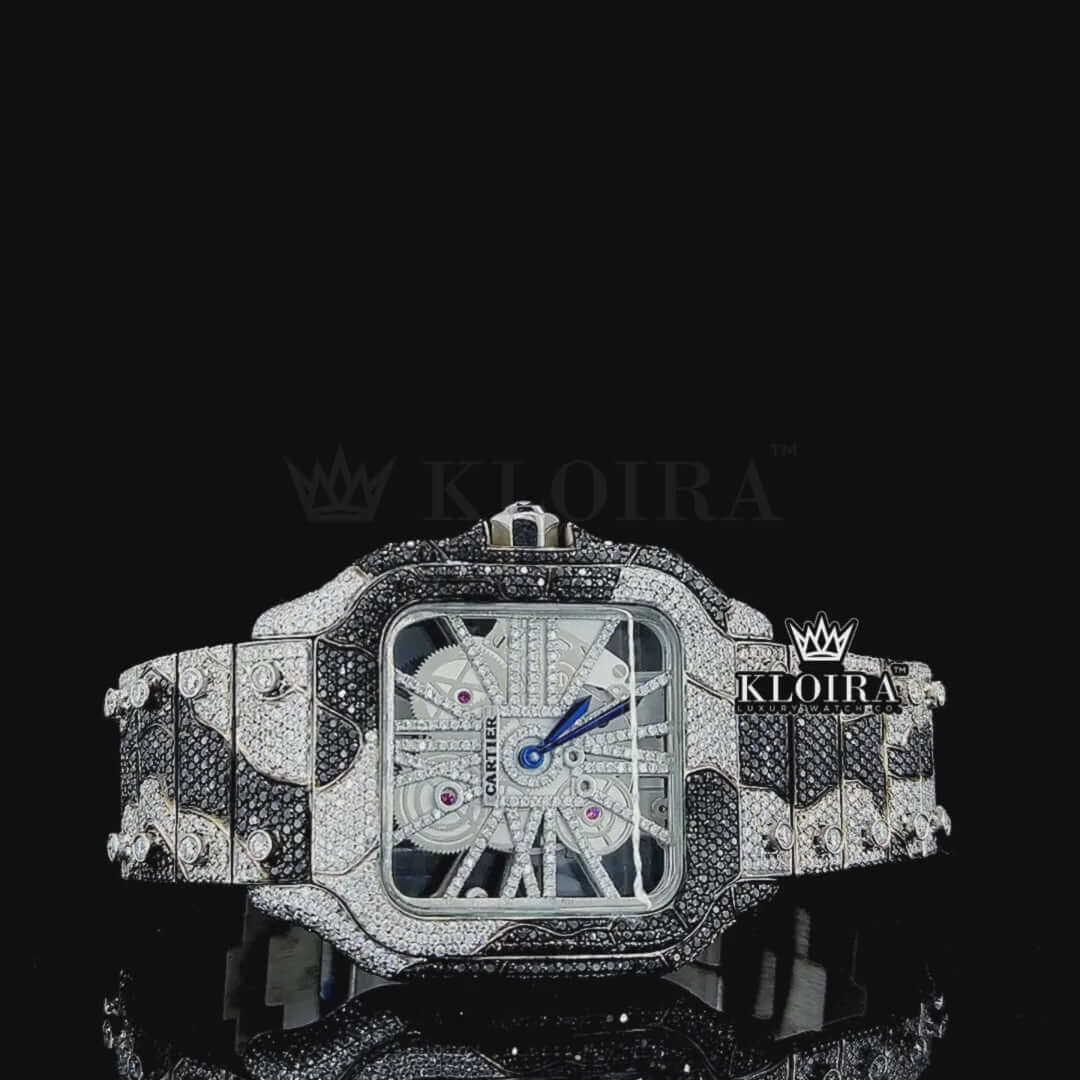 Video showcasing Black & White Camouflage Skeleton Cartier Diamond Watch rotating on a black background, revealing its open-work skeleton dial with blue-steel hands, black-and-white camouflage pavé-set bezel and bracelet, and exhibition case back.