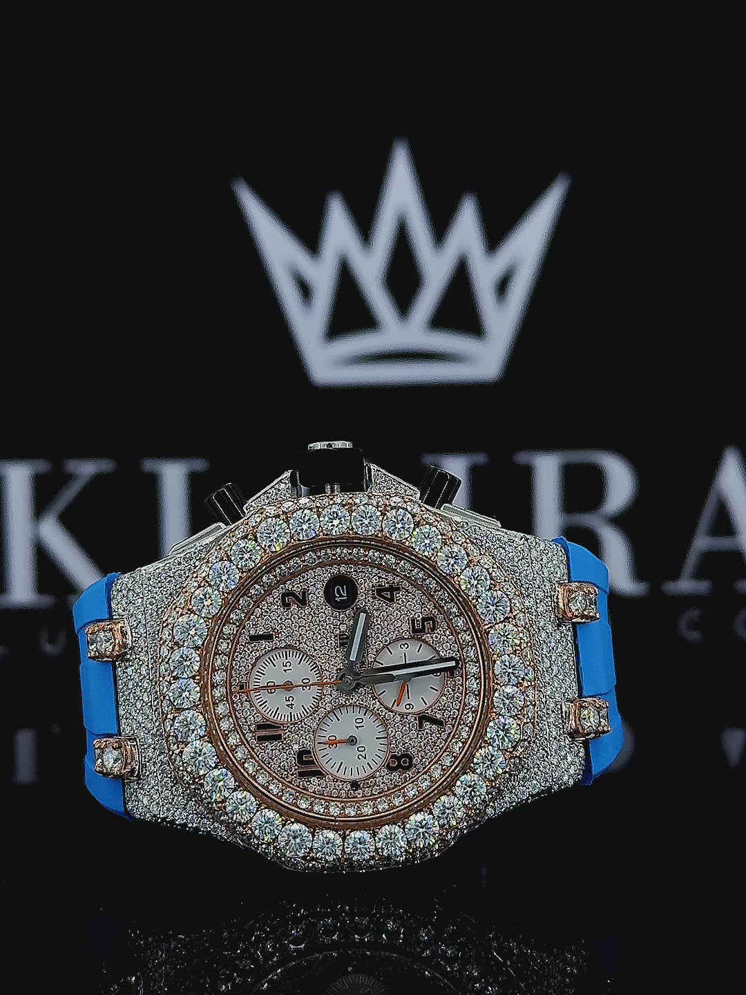 Royal Oak AP Moissanite Watch Rose Dial Chronograph Blue Rubber Strap