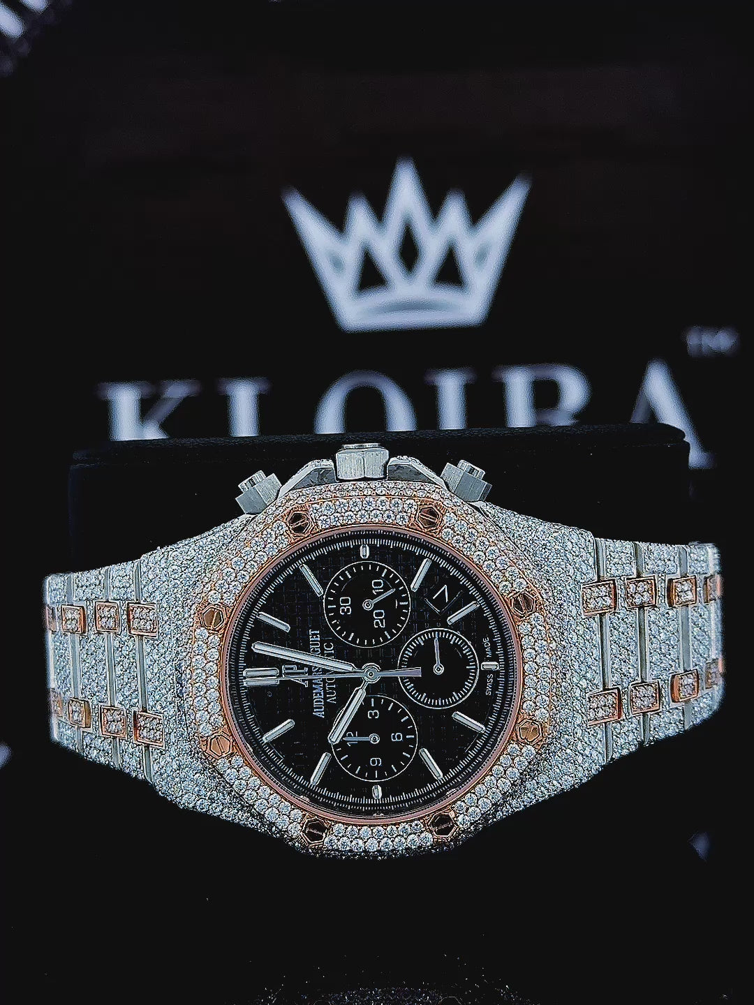 Fully Iced Out Two Tone Black Dial Chronograph Stick Markers Moissanite Watch 360 View