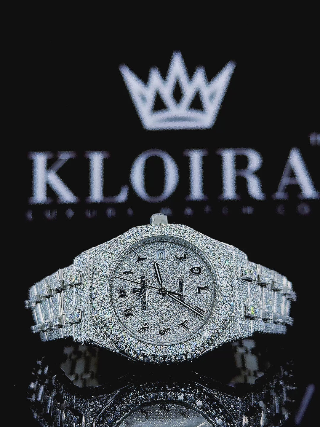 White Dial Black Arabic Numerals Fully Iced Out Moissanite Diamond Watch 360 View Video