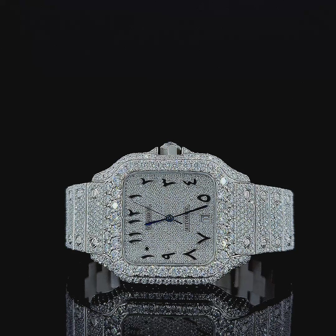 Cartier Santos Black Arabic Dial Moissanite Diamond Watch 14K Gold VVS 23 Carat 42mm
