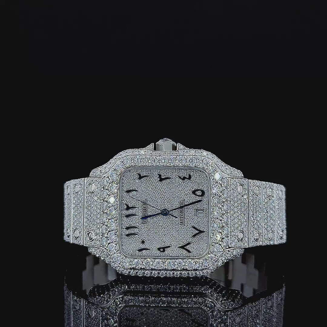 Cartier Santos Black Arabic Dial Moissanite Diamond Watch 14K Gold VVS 23 Carat 42mm
