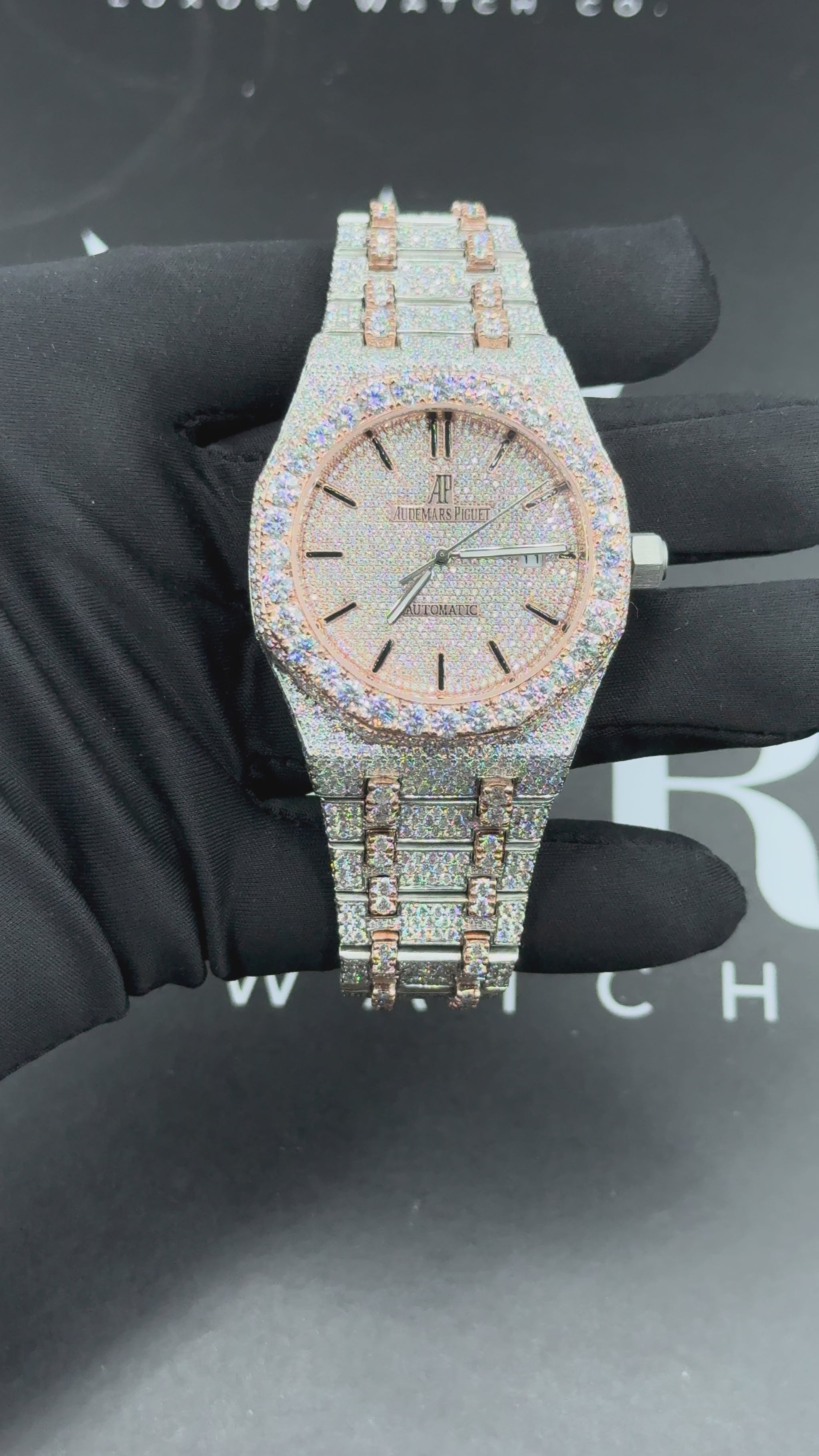 AP Moissanite Watch Rose Glimmer Royal Oak 14K Gold VVS 29 Carat 41mm