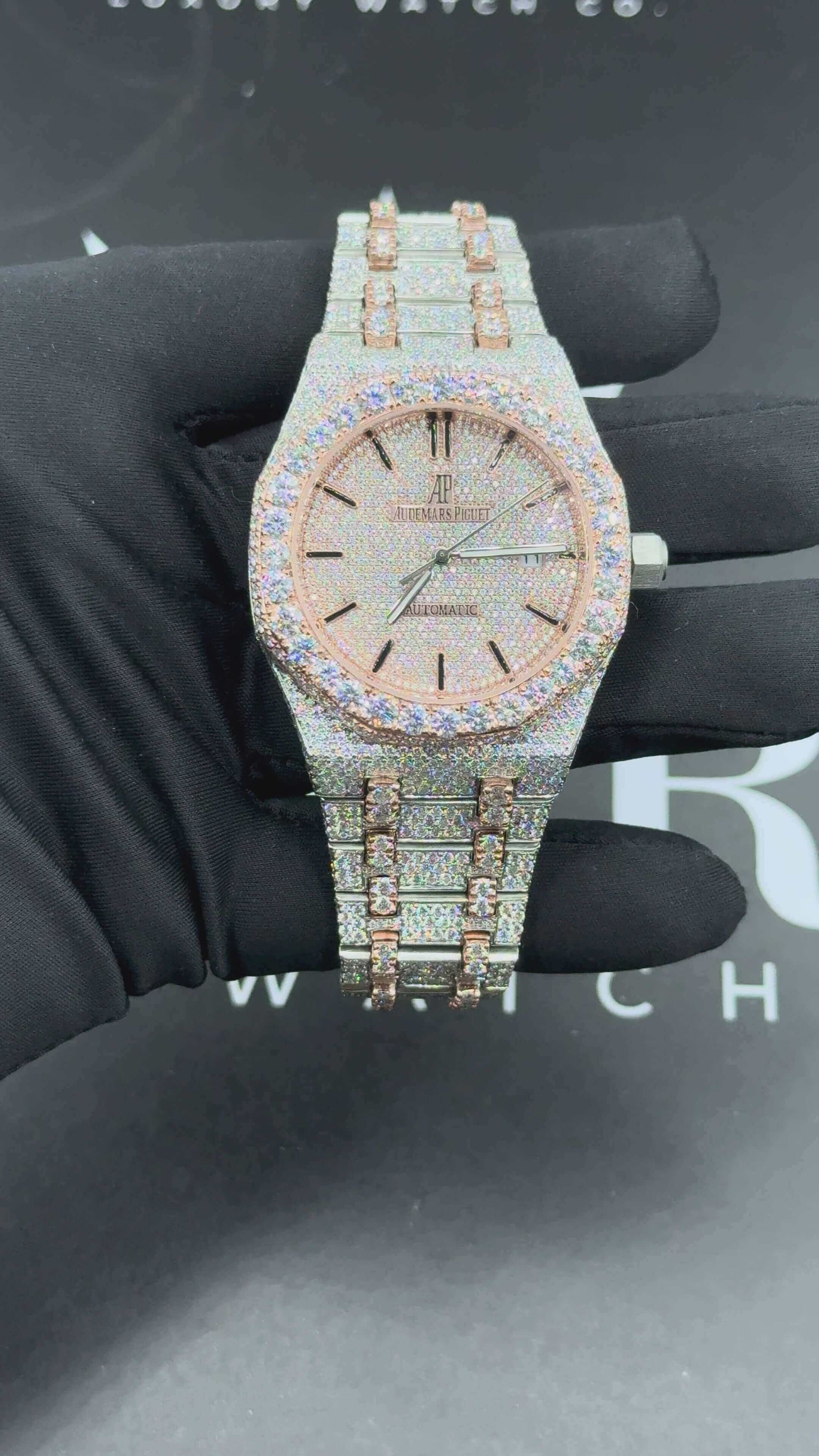 AP Moissanite Watch Rose Glimmer Royal Oak 14K Gold VVS 29 Carat 41mm