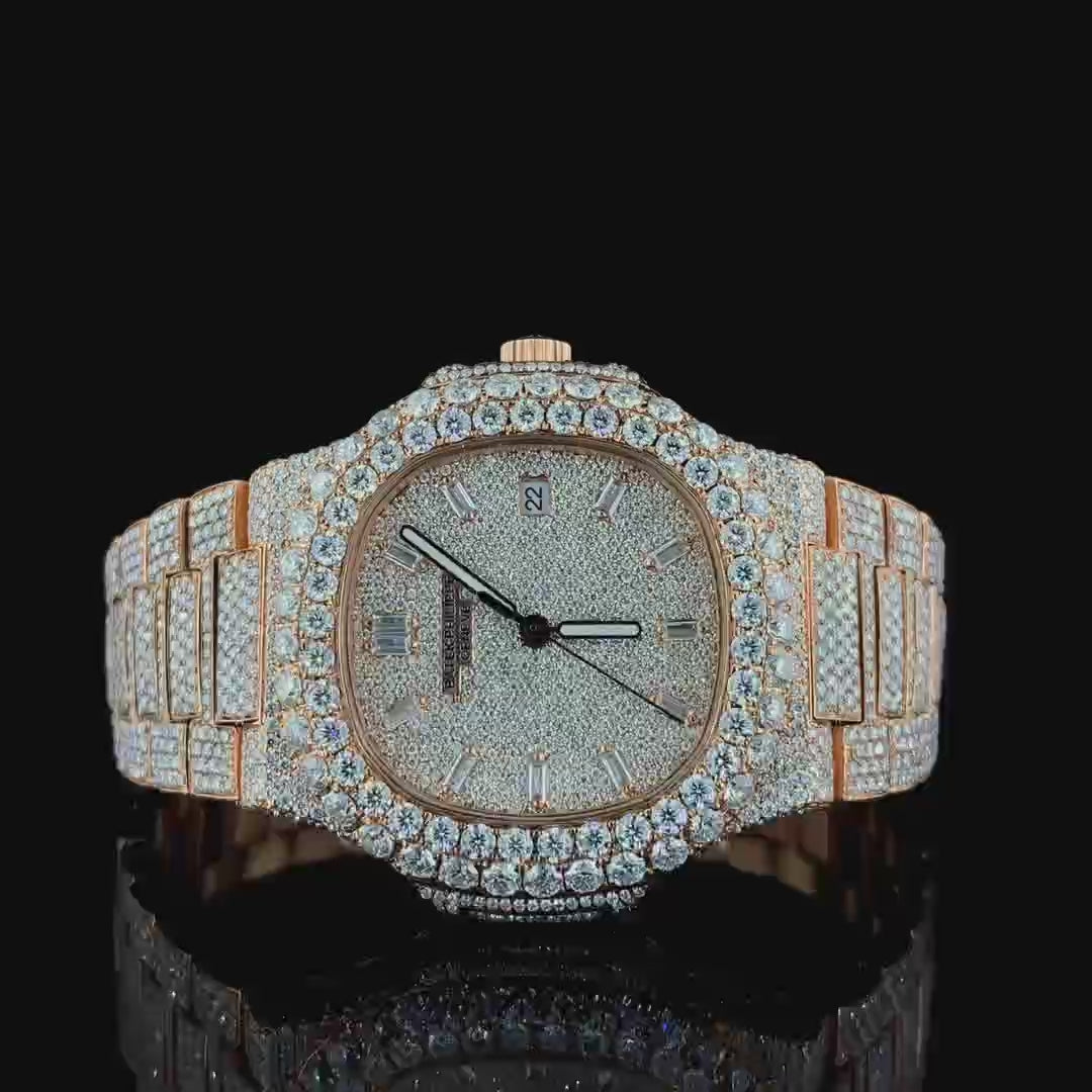 Frost Glitz Moissanite Diamond Watch Rose 14K Gold VVS 25 Carat 42mm
