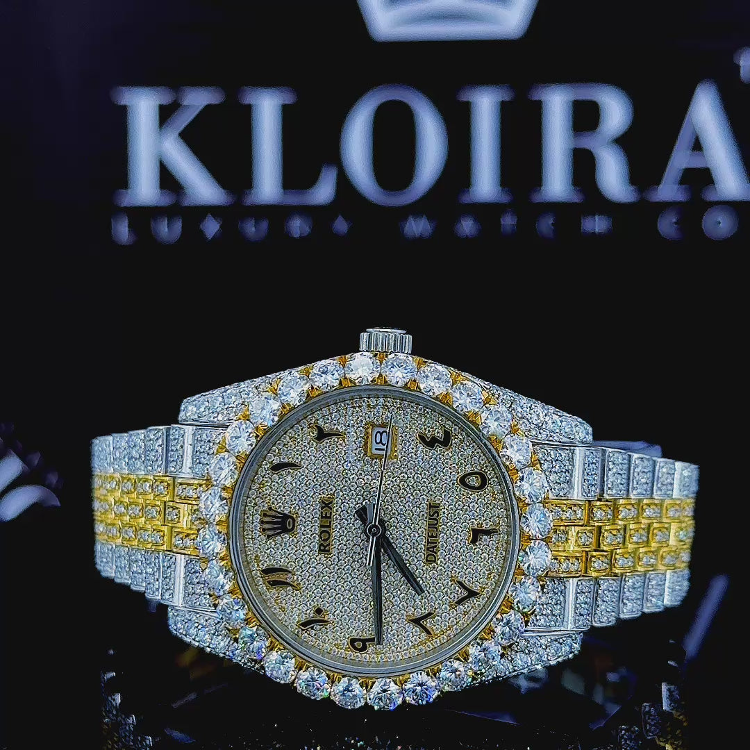 Arabic Dial Two Tone Yellow Gold Fully Iced Out Moissanite Watch 360 View