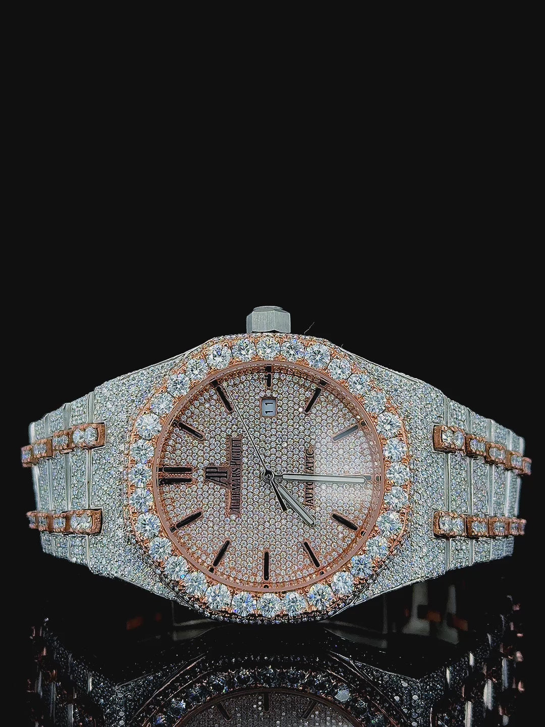 AP Moissanite Watch Rose Glimmer Royal Oak 14K Gold VVS 29 Carat 41mm