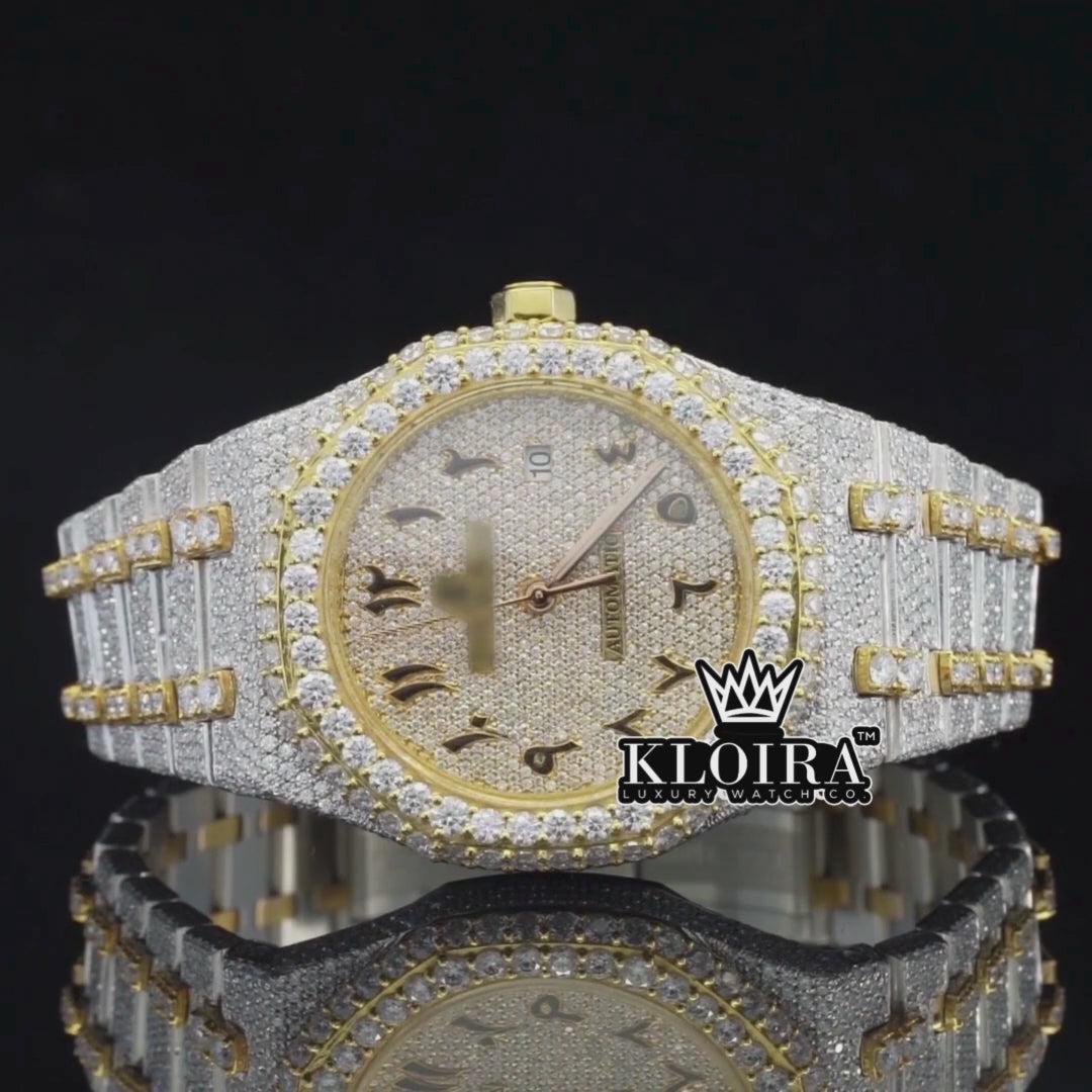 Luxury Moissanite AP VVS watch with Arabic dial, full diamond setting and two-tone bracelet,Video