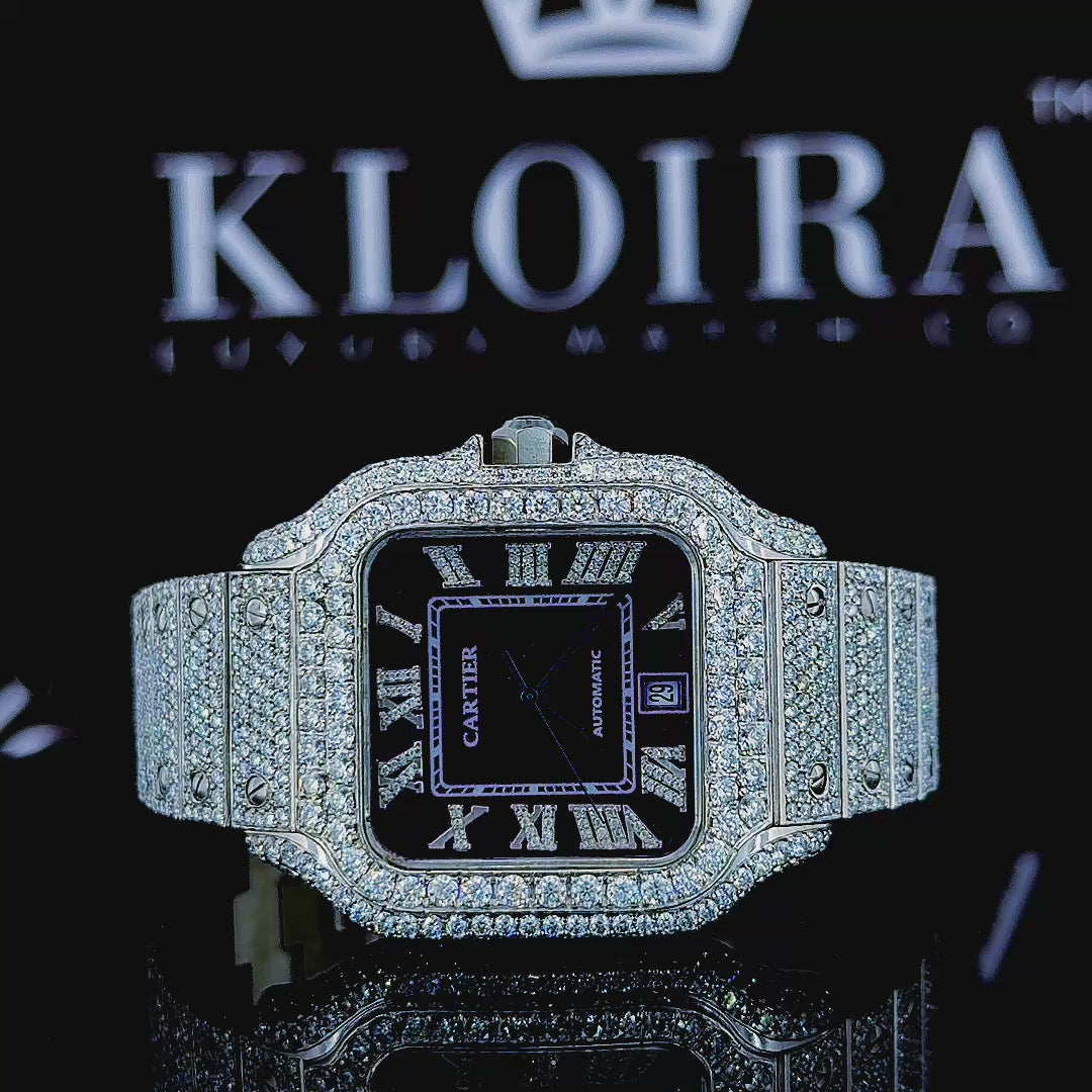 Roman Numerals Blue Dial Fully Iced Out Moissanite Diamond Watch 360 View