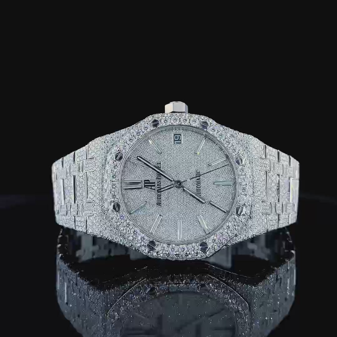 Crystal Crown Royal Oak Women Moissanite Diamond Watch 14K Gold VVS 29 Carat 36mm
