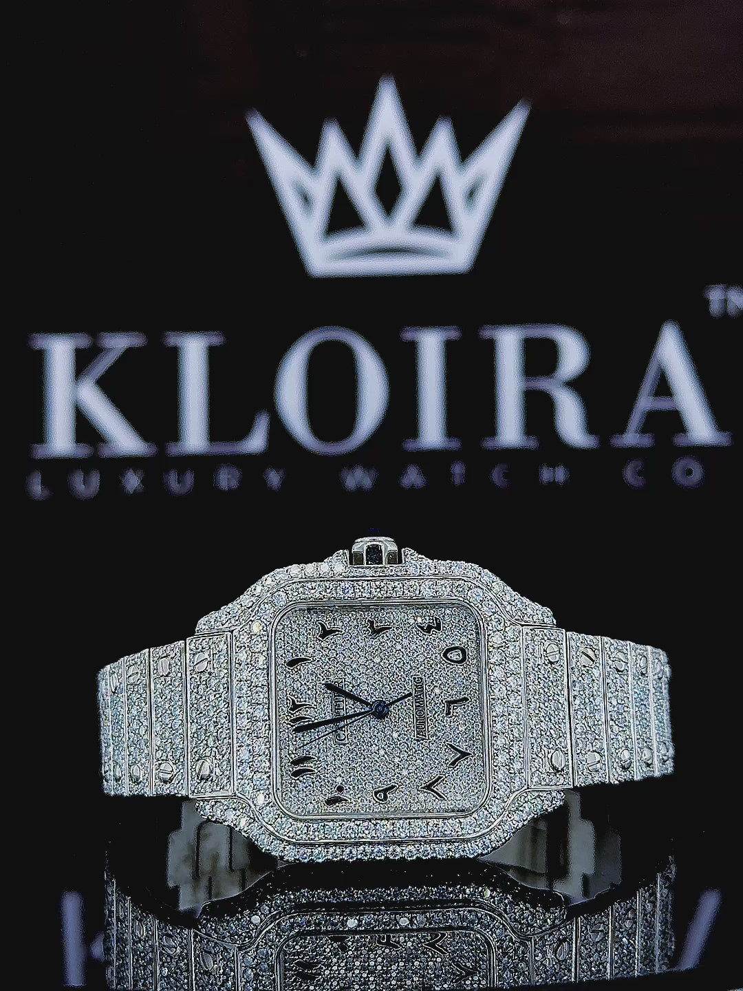 White Dial Arabic Numerals Fully Iced Out Moissanite Watch 360 View