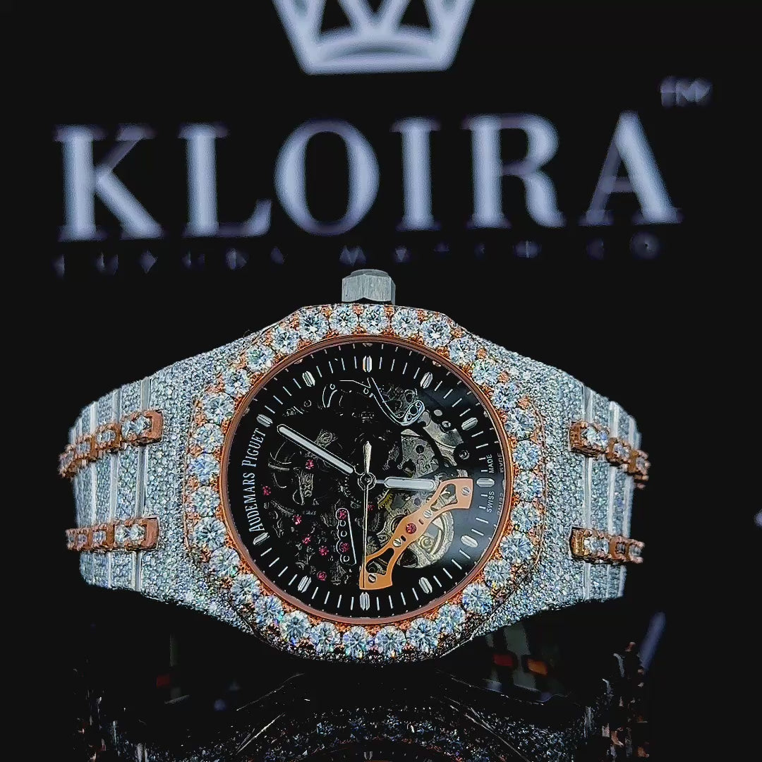 Two Tone Rose Gold Black Skeleton Dial Fully Iced Moissanite Watch 360 View