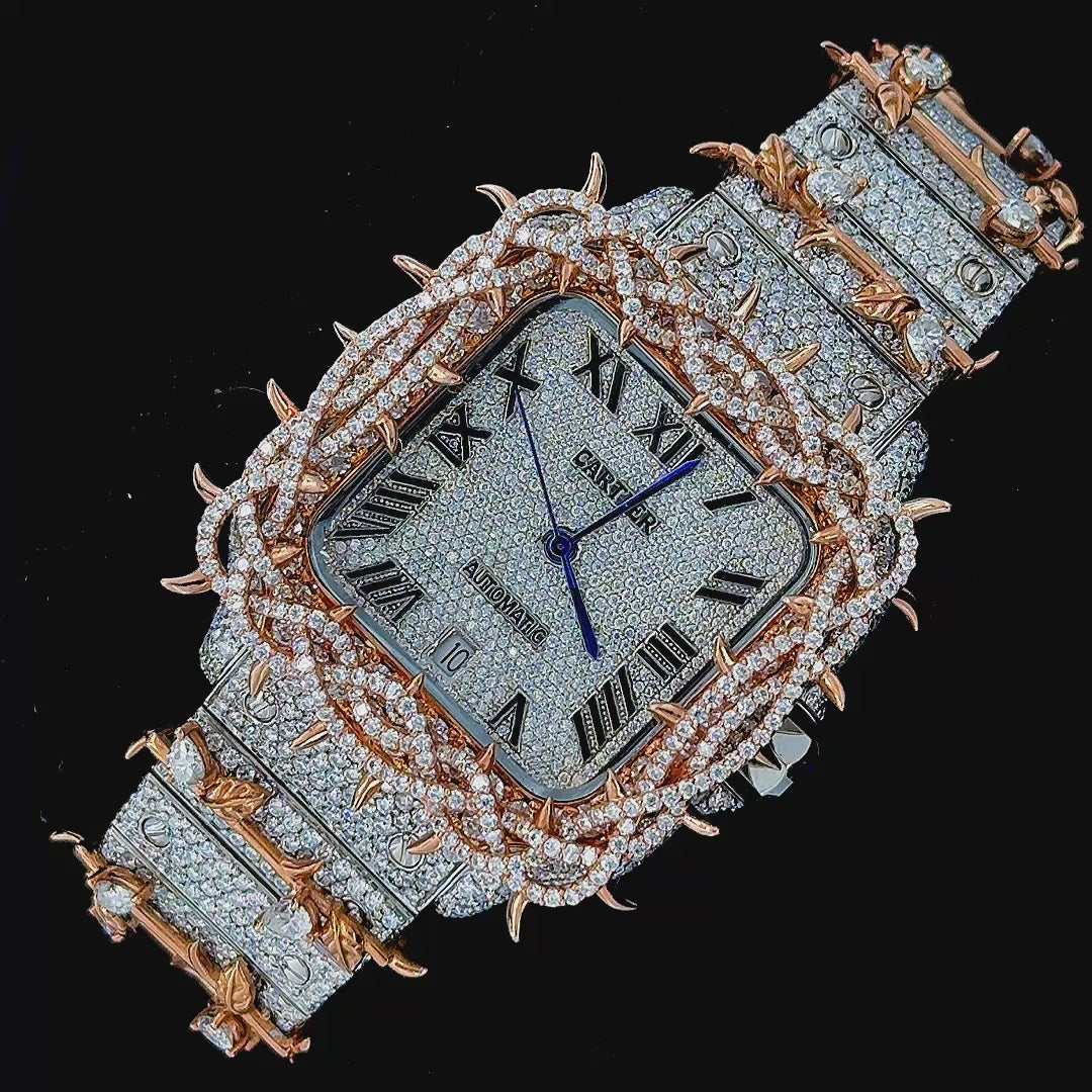 Cartier Santos Thorn Crown Moissanite Diamond Watch 14K Gold VVS 41mm