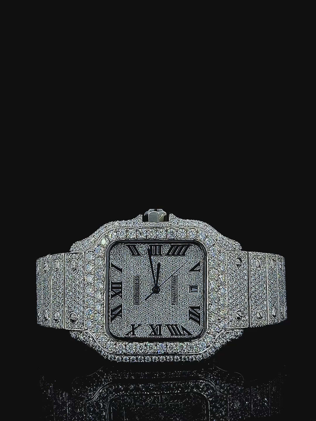 Cartier Santos White Dial Moissanite Diamond Watch 14K Gold VVS 22 Carat 42mm