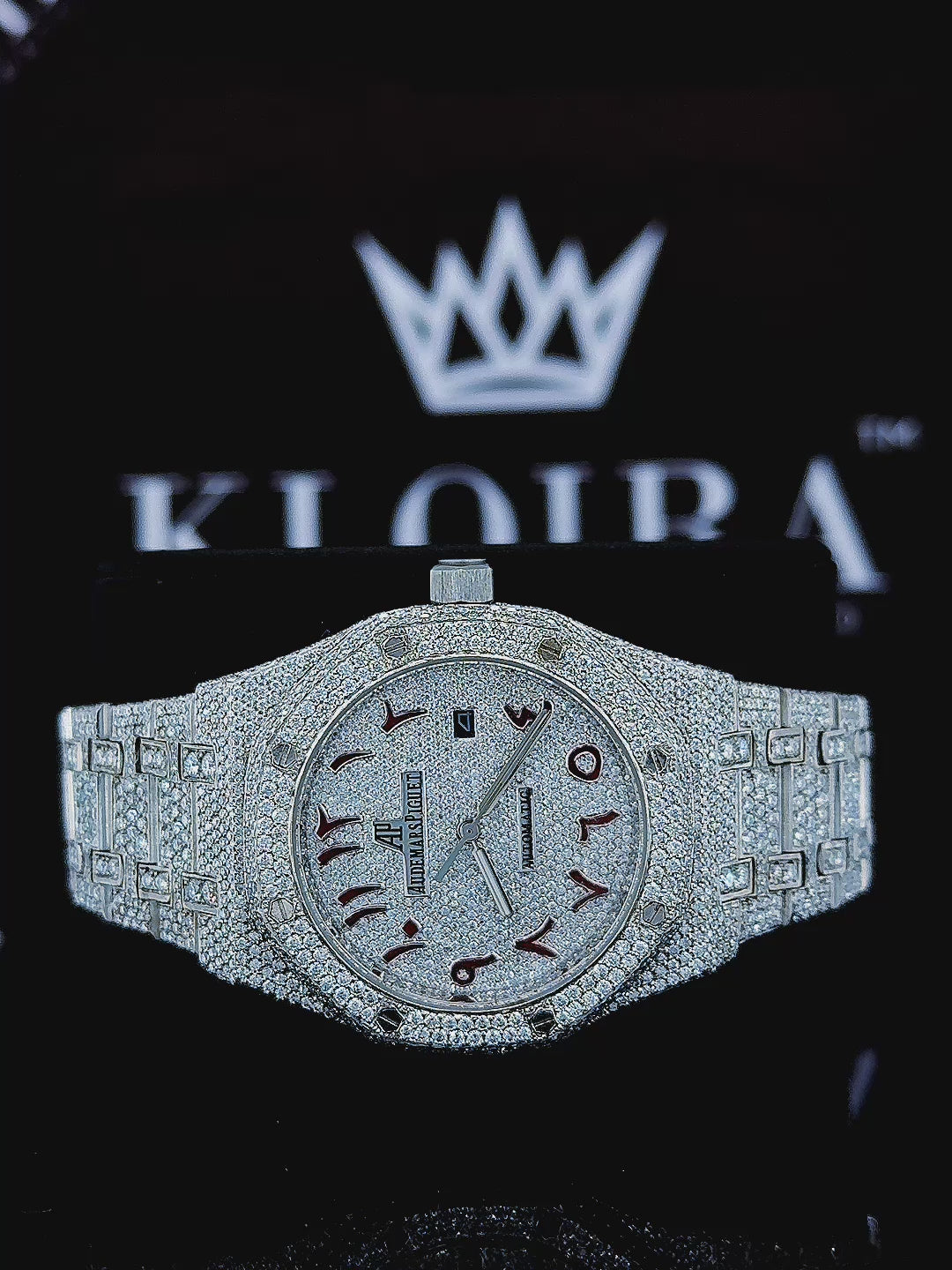 Fully Iced Out Red Arabic Numerals White Dial Moissanite Watch 360 View Video